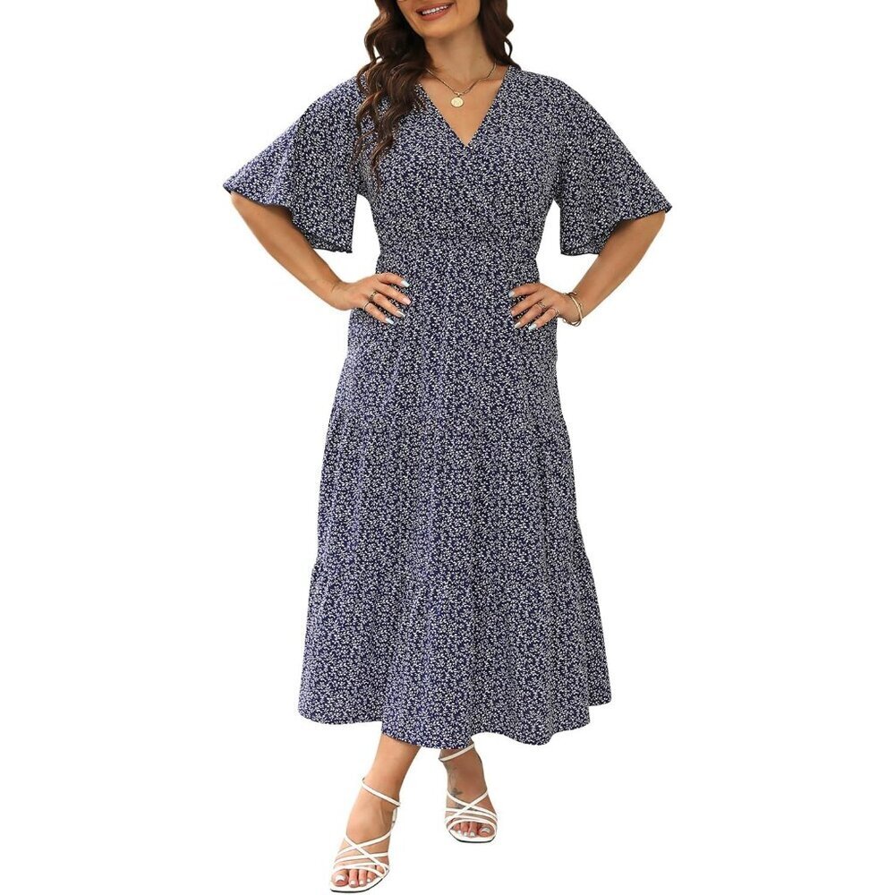 Plus Size Summer Floral Maxi Dress V Neck 3/4 Sleeve Empire Waist